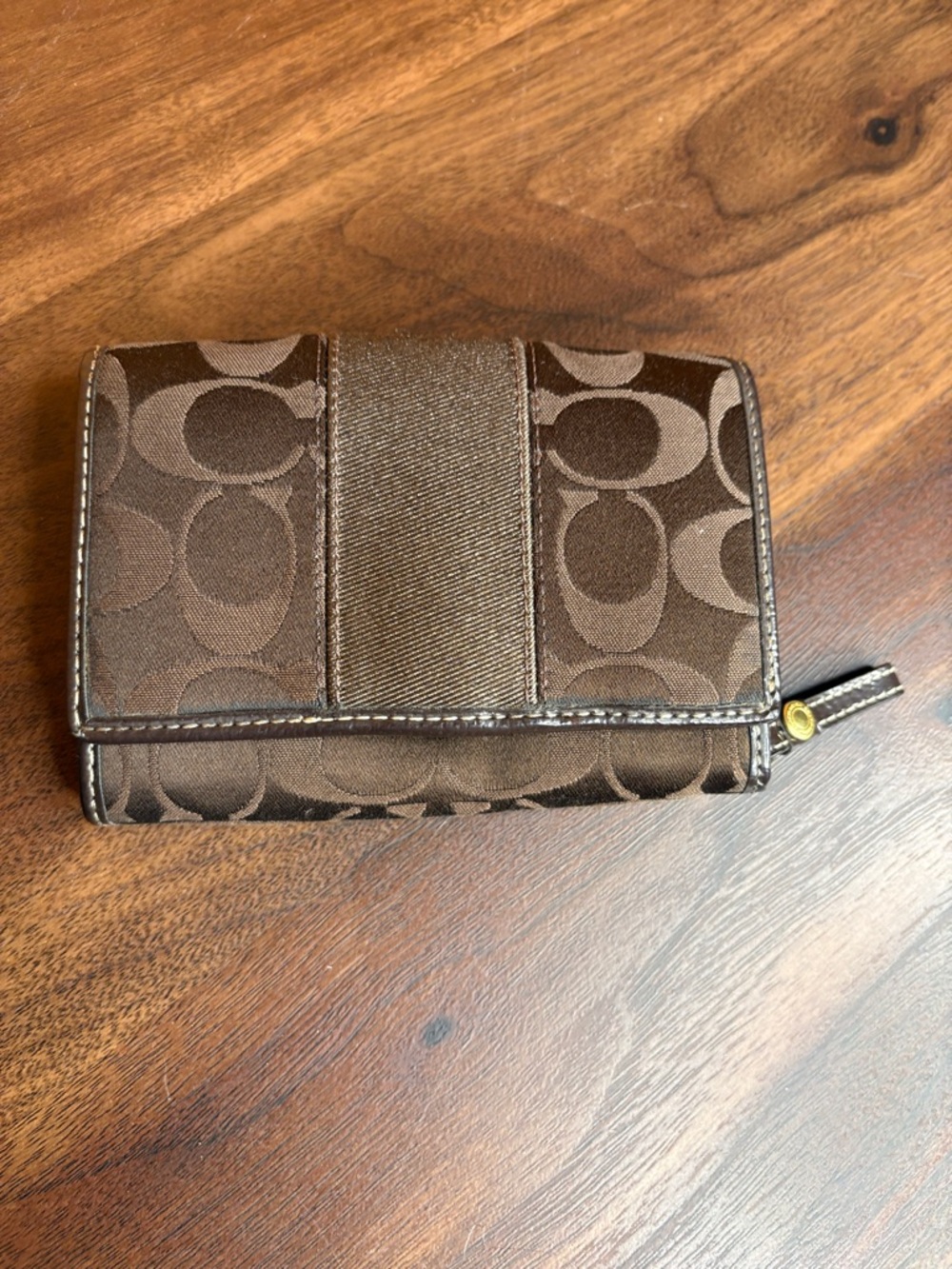 Coach Brown Signature Compact Wallet with Center Stripe